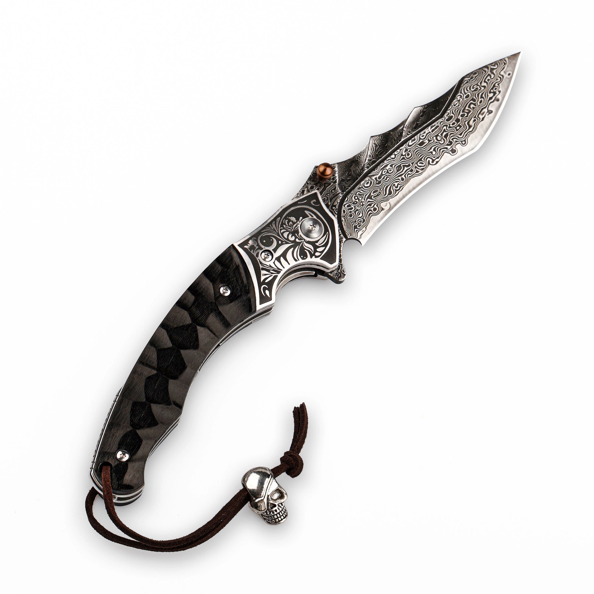 Sky Blade Damascus Folding Knife - Wood Handle & Leather Sheath