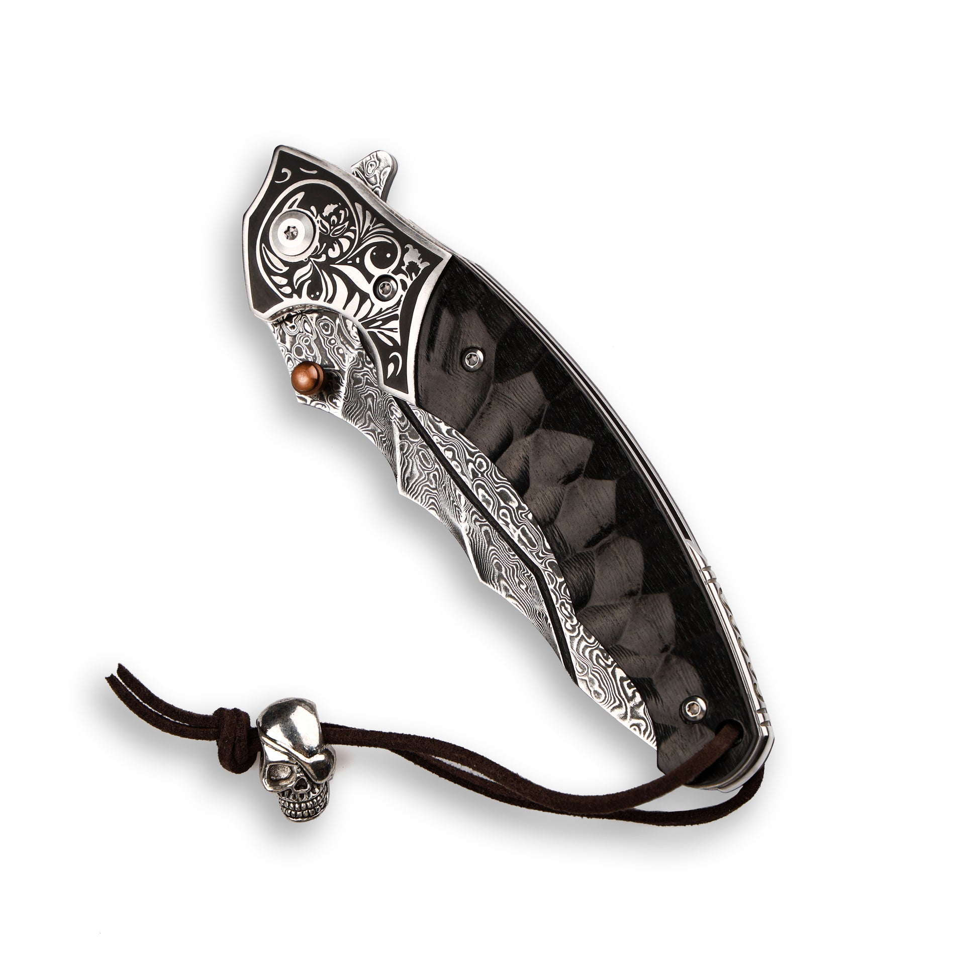 Sky Blade Damascus Folding Knife - Wood Handle & Leather Sheath